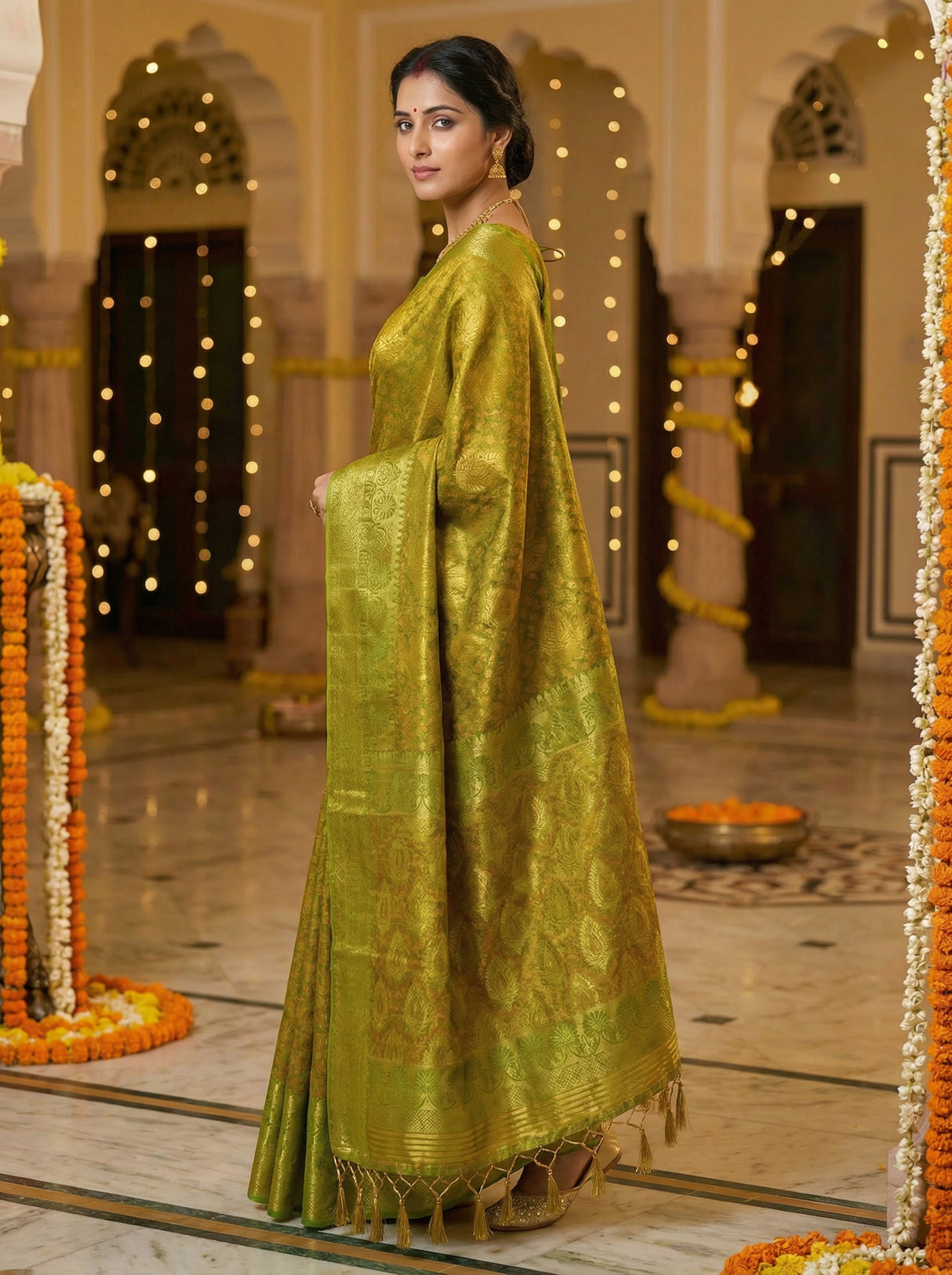 MIMOSA Women's Woven Design Kanjivaram Style Art Silk Saree with Blouse Piece - Olive ( SA00003144OLFREE )