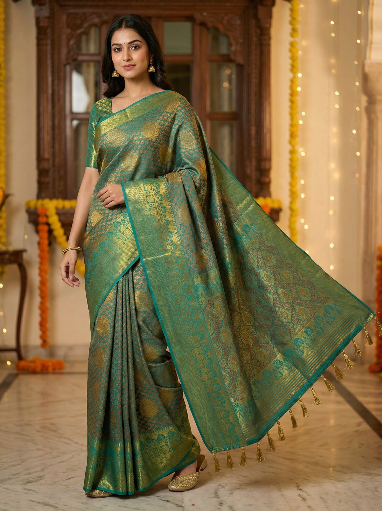 MIMOSA Women's Woven Design Kanjivaram Style Art Silk Saree with Blouse Piece - Saffire ( SA00003144SFFREE )