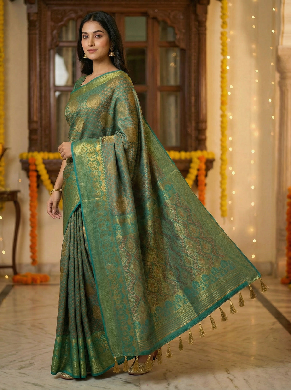 MIMOSA Women's Woven Design Kanjivaram Style Art Silk Saree with Blouse Piece - Saffire ( SA00003144SFFREE )