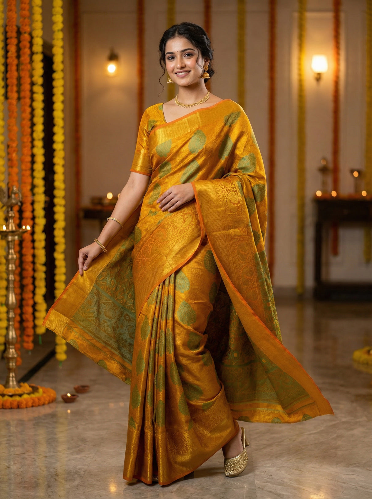 MIMOSA Women's Woven Design Kanjivaram Style Art Silk Saree with Blouse Piece - Mustard ( SA00003145MSFREE )