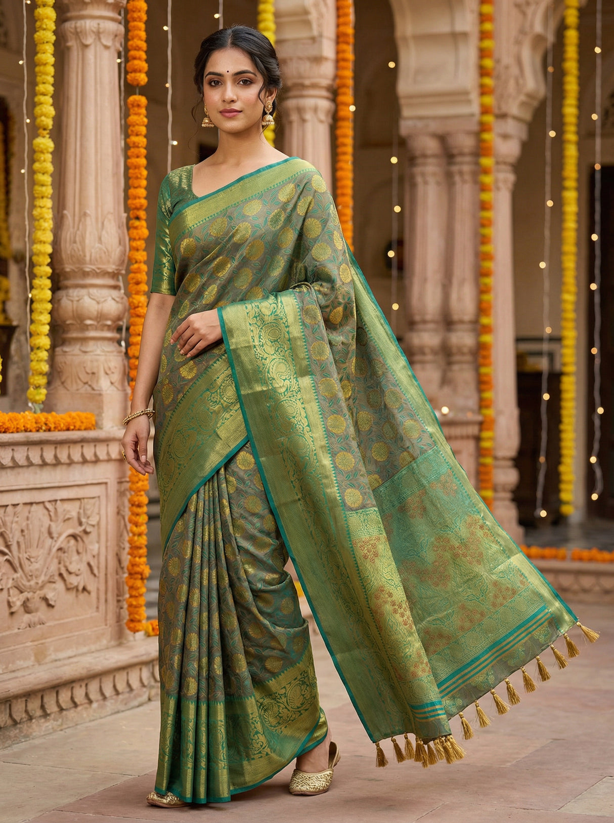 MIMOSA Women's Woven Design Kanjivaram Style Art Silk Saree with Blouse Piece - Rama ( SA00003146RMFREE )