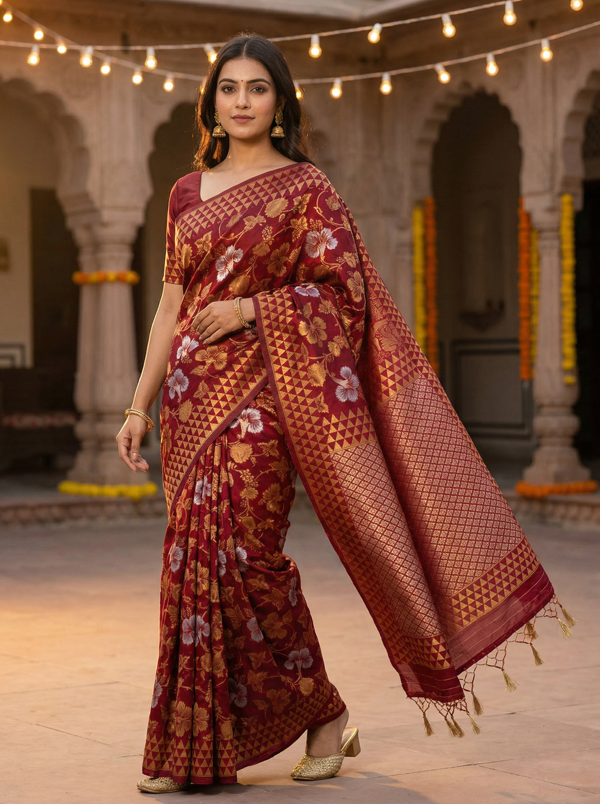 MIMOSA Women's Woven Design Kanjivaram Style Art Silk Saree with Blouse Piece - Maroon ( SA00003152MRFREE )