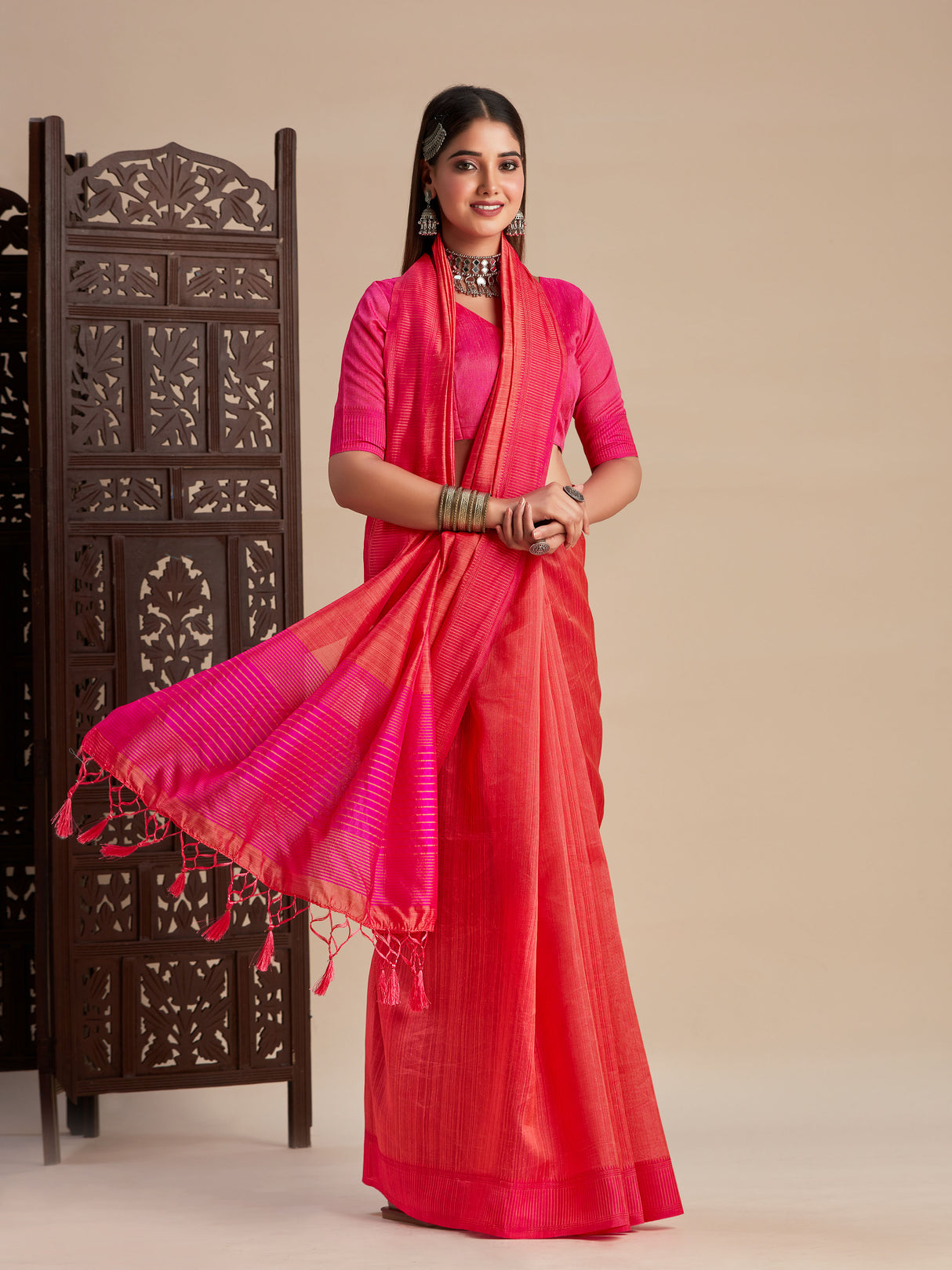 Mimosa Women's Woven Design Kanjivaram Style Art Silk Saree With Blouse Piece : SA0000861PNK