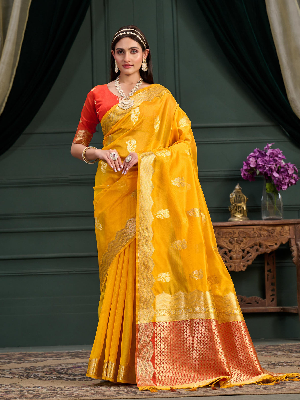 Mimosa Women's Woven Design Banarasi Orgenza Saree With Blouse Piece : SA0000864GD