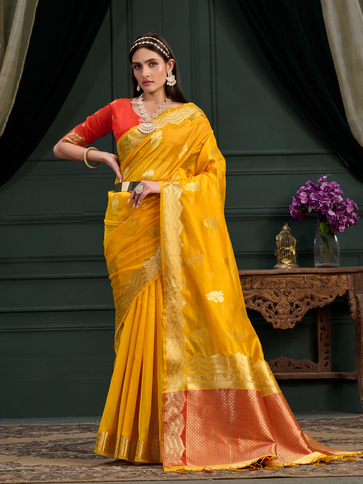 Mimosa Women's Woven Design Banarasi Orgenza Saree With Blouse Piece : SA0000864GD