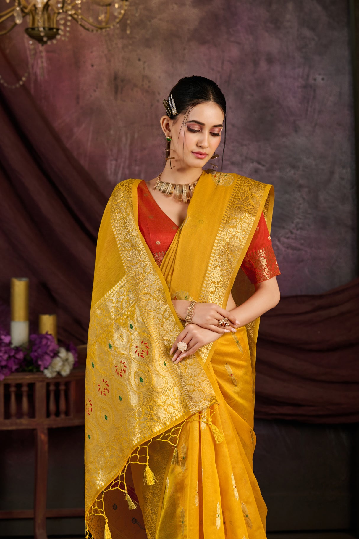 Mimosa Women's Woven Design Bishnupur Art Silk Saree With Blouse Piece : SA0000865YLW