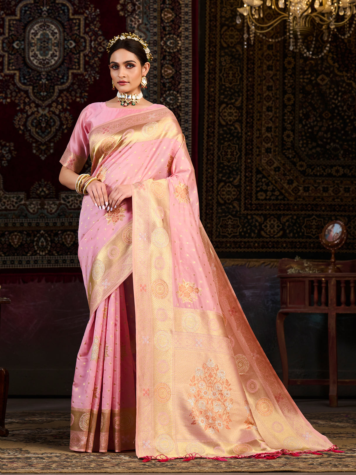 Mimosa Women's Woven Design Kanjivaram Art Silk Saree With Blouse Piece : SA0000888PNK