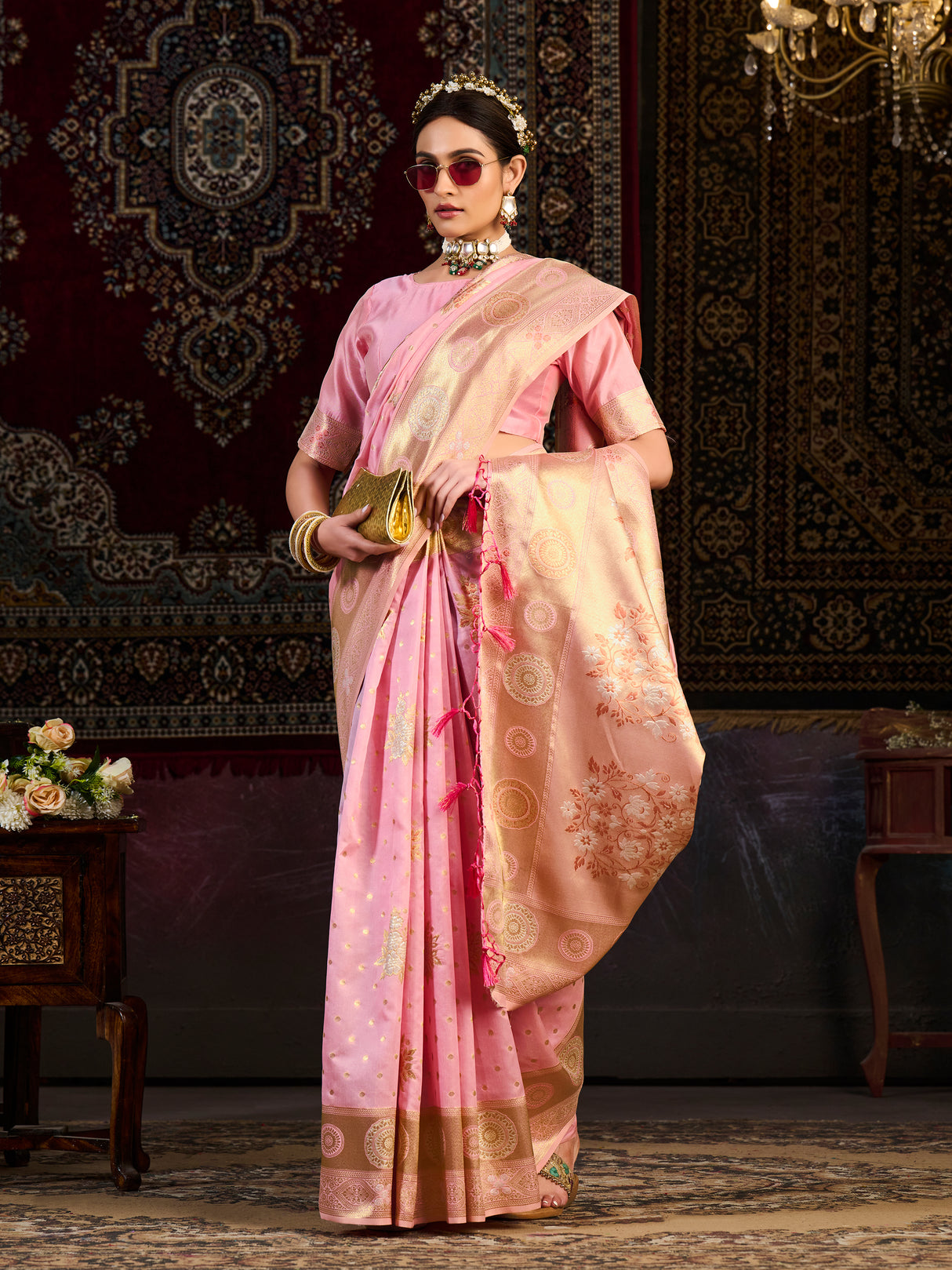 Mimosa Women's Woven Design Kanjivaram Art Silk Saree With Blouse Piece : SA0000888PNK