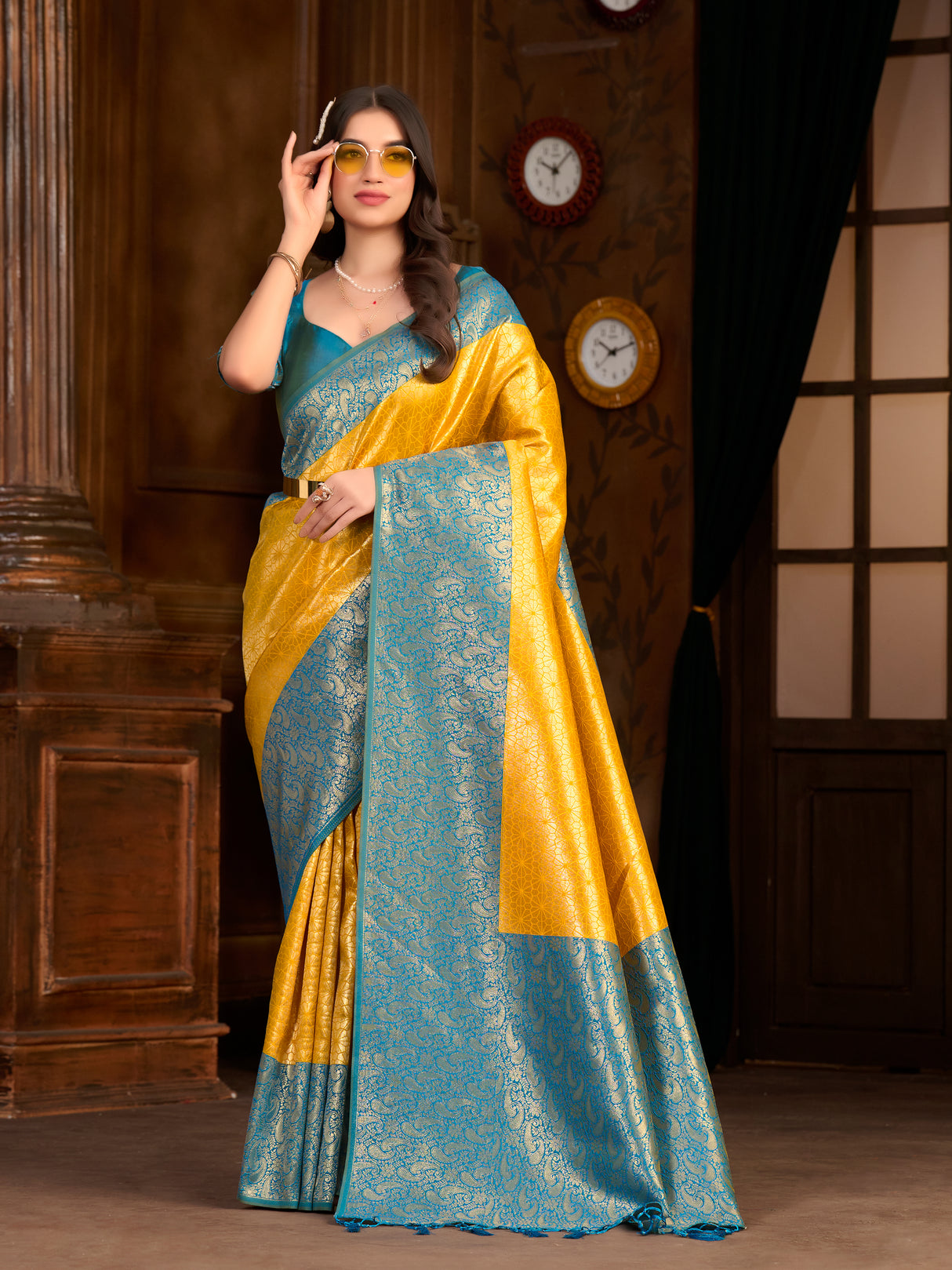 Mimosa Women's Woven Design Kanjivaram Art Silk Saree With Blouse Piece : SA0000892LM