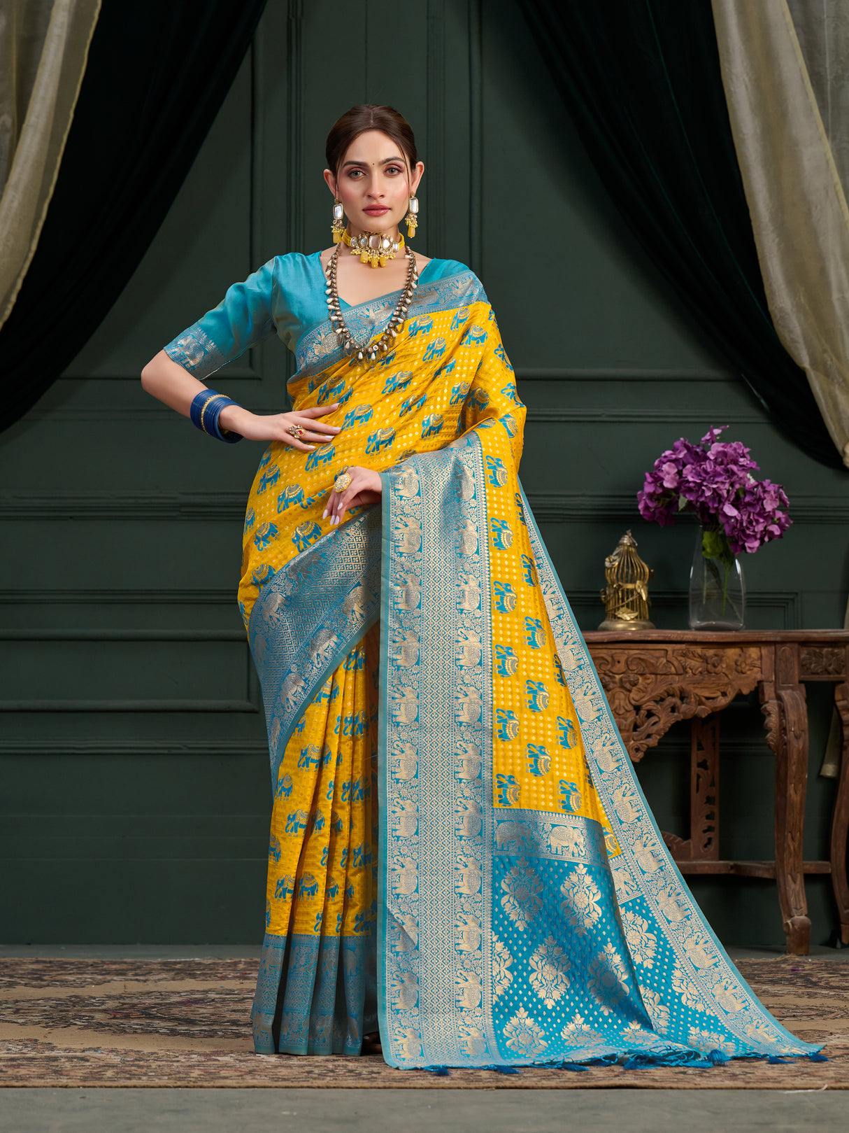 Mimosa Women's Woven Design Kanjivaram Art Silk Saree With Blouse Piece : SA0000901LM