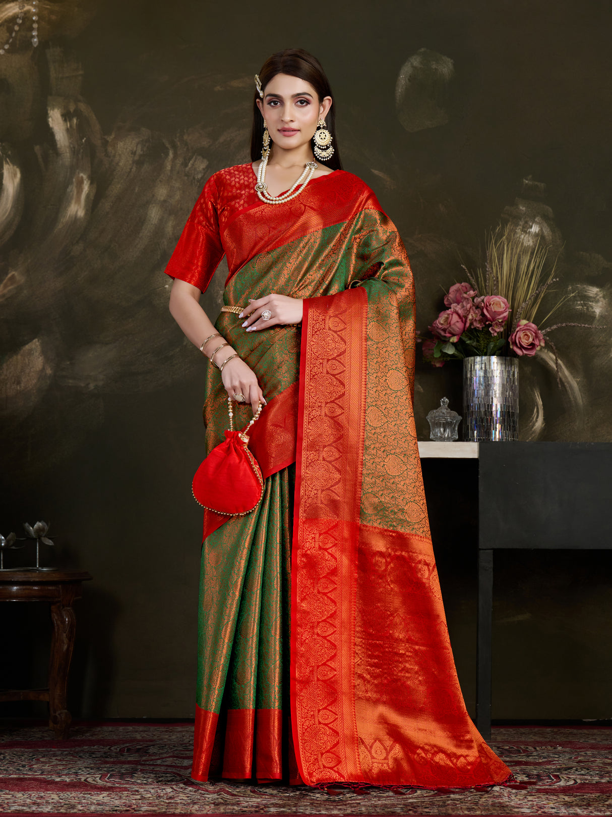 Mimosa Women's Woven Design Kanjivaram Art Silk Saree With Blouse Piece : SA0000915GRN