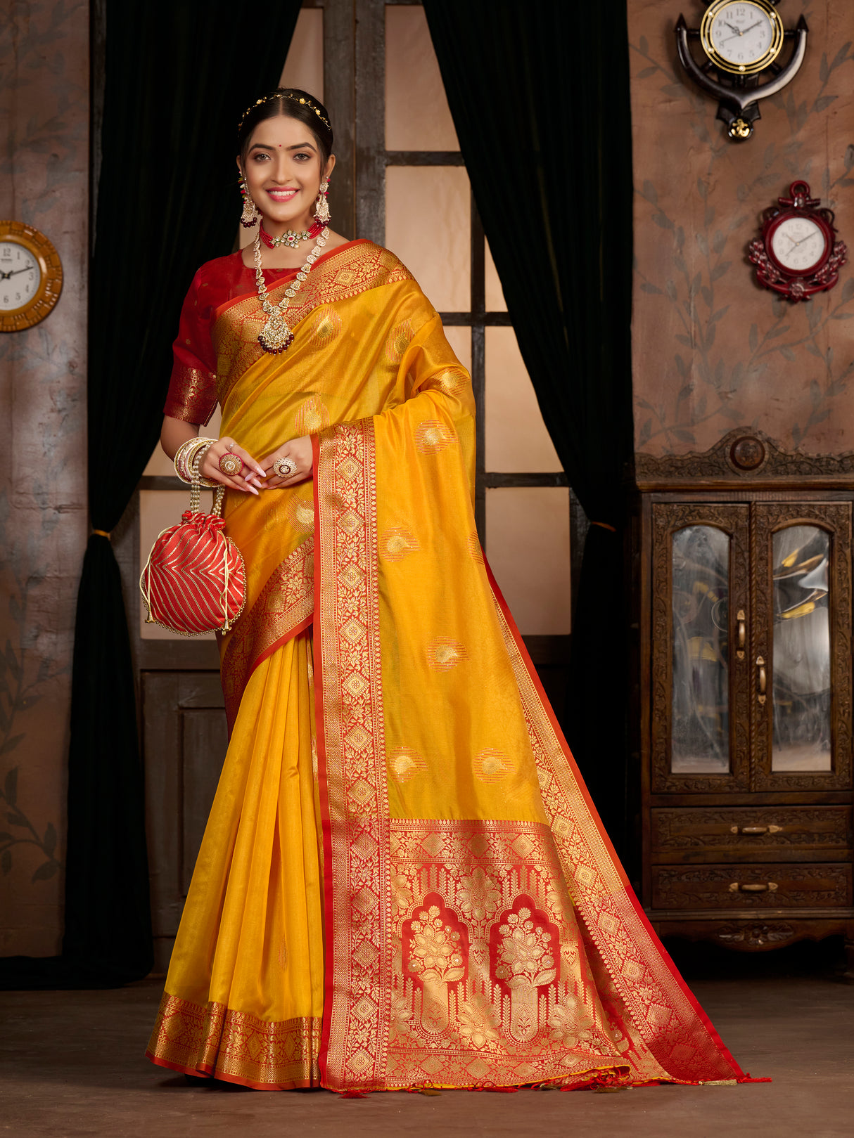 Mimosa Women's Woven Design Kanjivaram Art Silk Saree With Blouse Piece : SA0000944GD