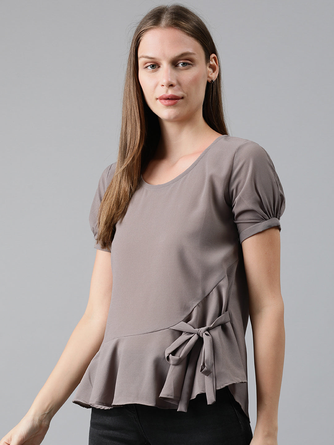 Mimosa Women Grey Solid A-Line Top With Tie-Ups