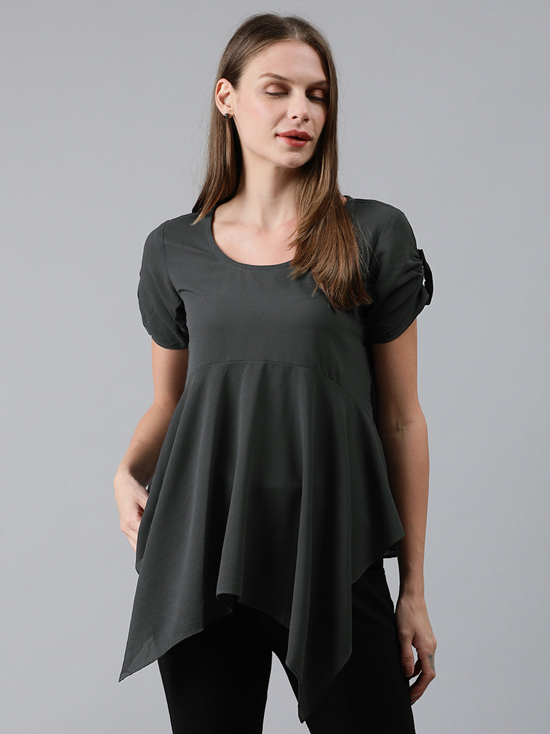 Mimosa Women Grey Solid A-Line Gathered Top