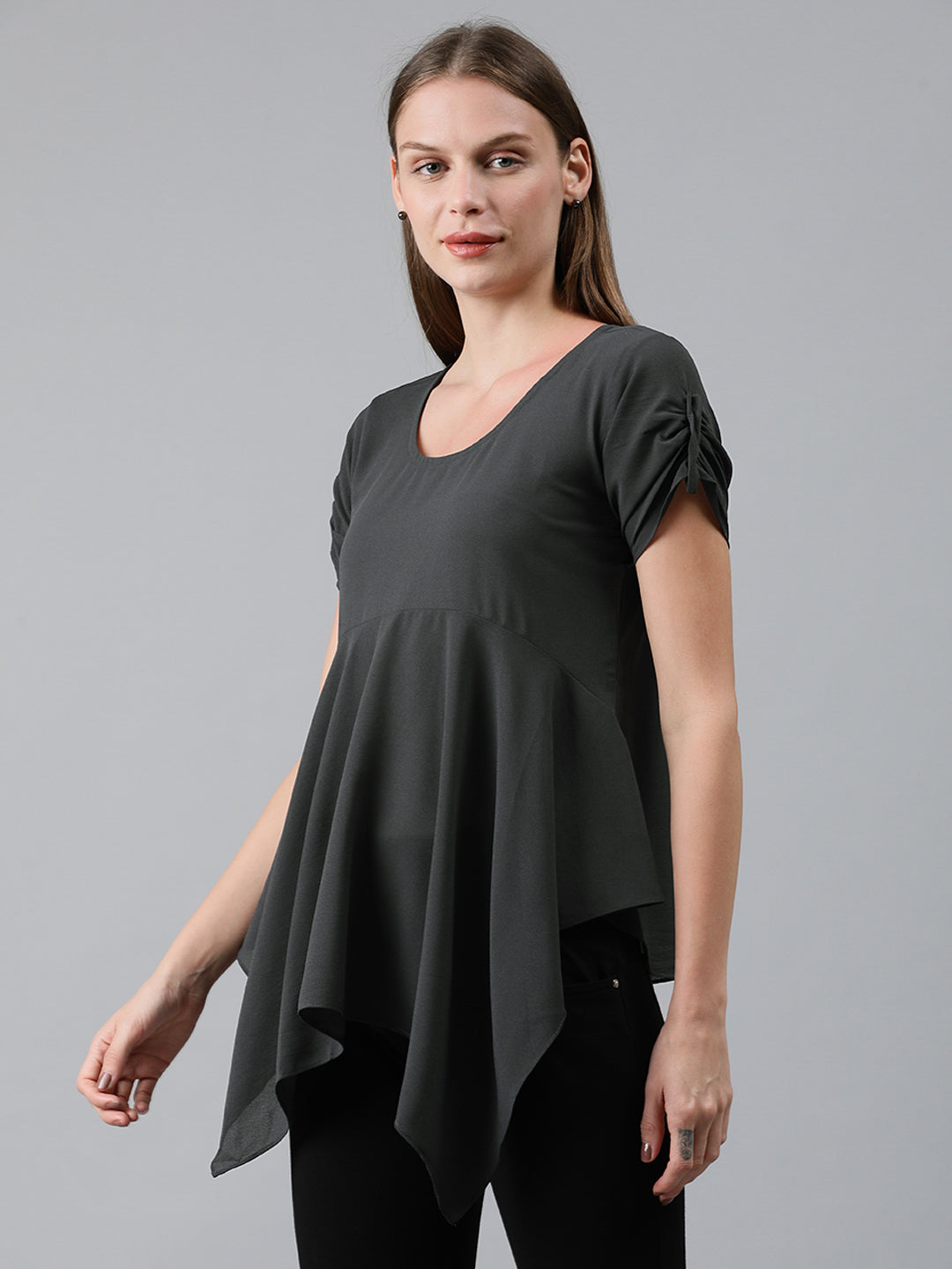 Mimosa Women Grey Solid A-Line Gathered Top