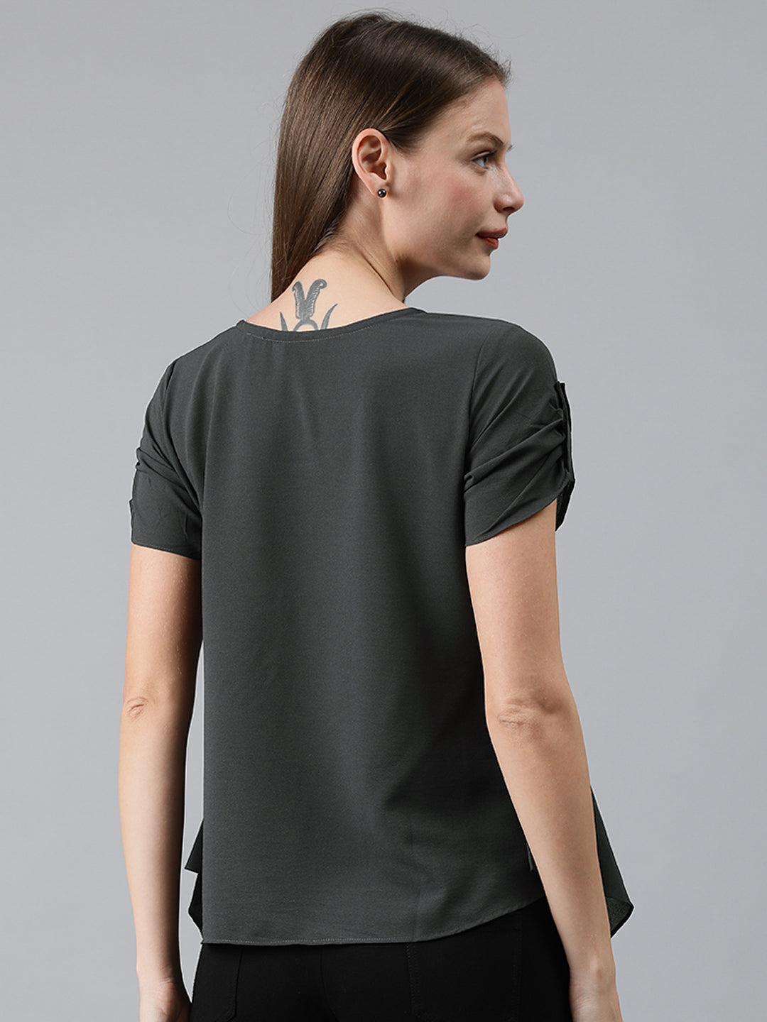 Mimosa Women Grey Solid A-Line Gathered Top