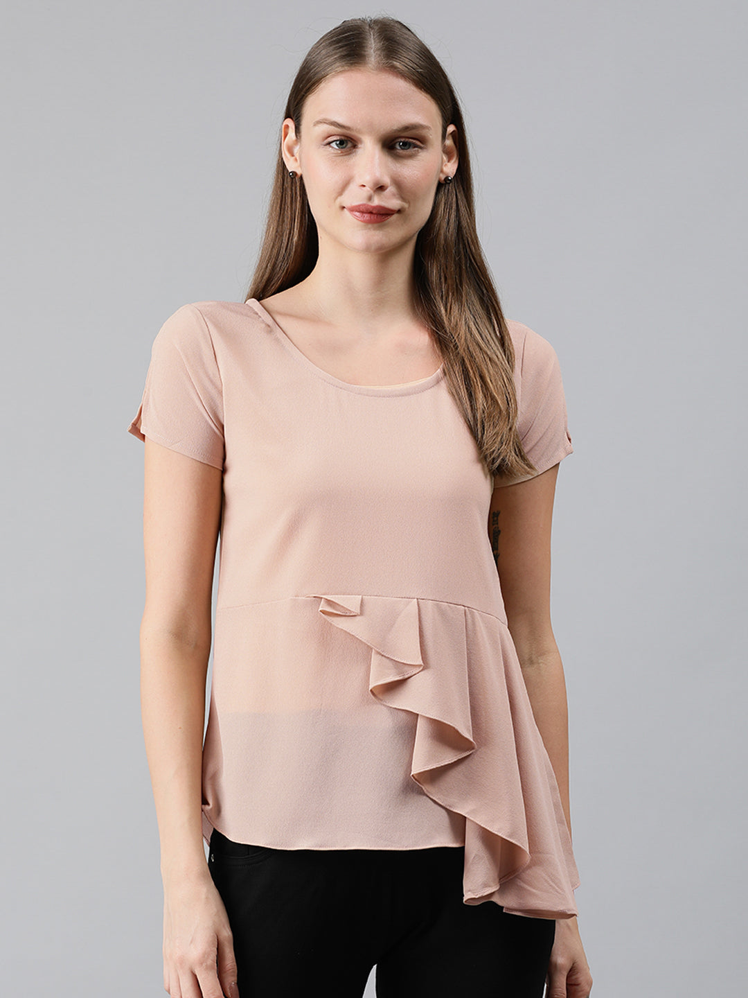 Mimosa Women Peach-Coloured Solid Ruffles A-Line Top with Slit Sleeves