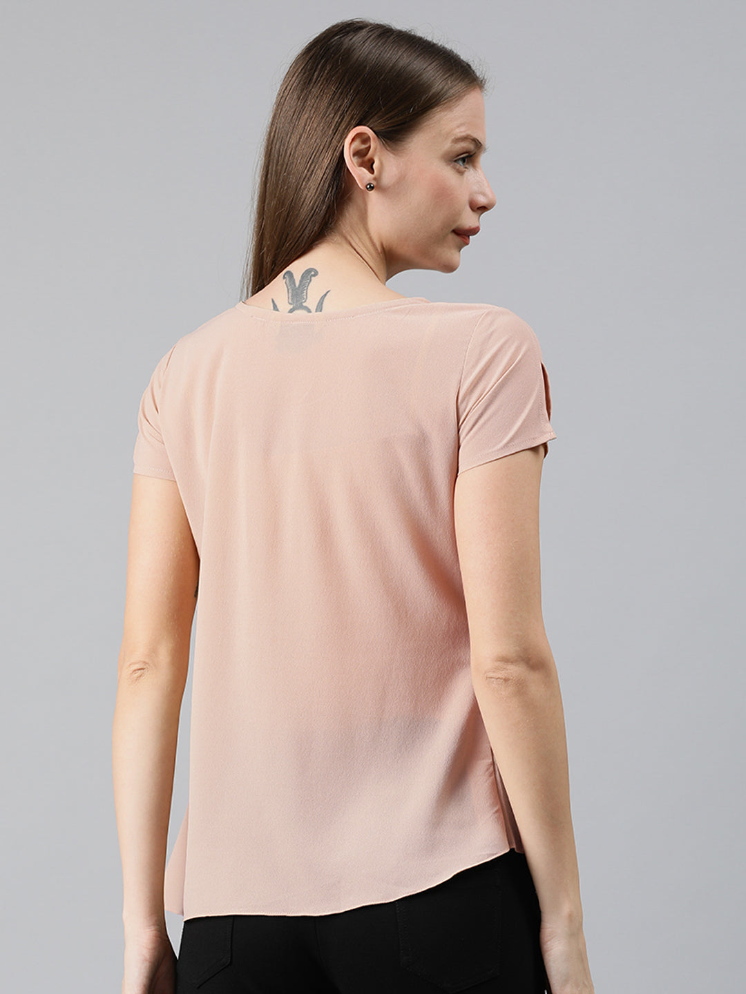 Mimosa Women Peach-Coloured Solid Ruffles A-Line Top with Slit Sleeves