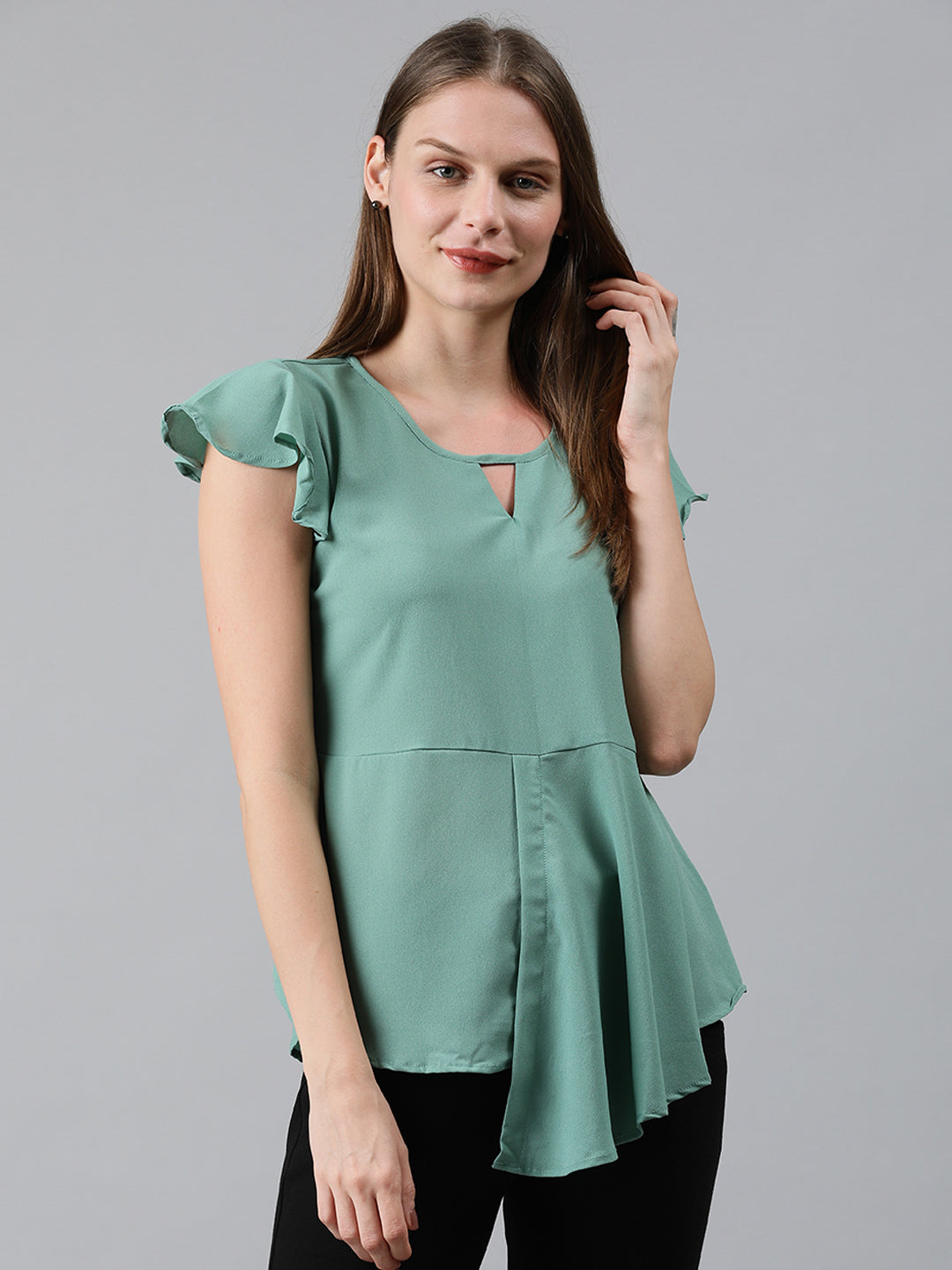 Mimosa Women Light Green Solid A-Line Layered Top