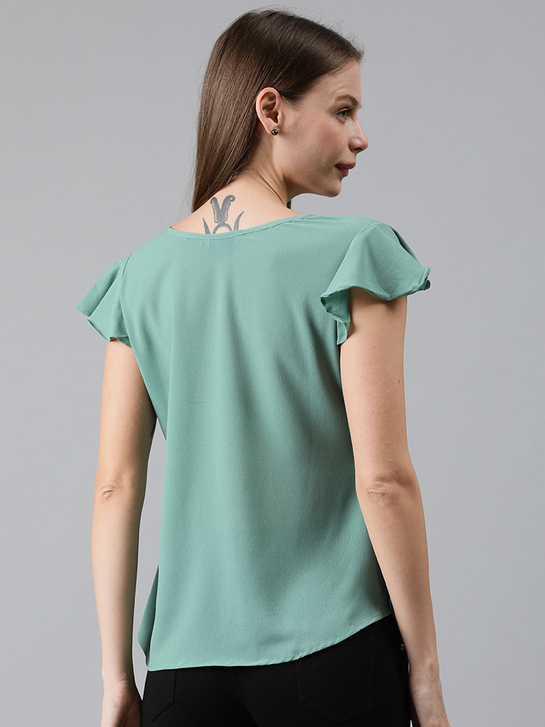 Mimosa Women Light Green Solid A-Line Layered Top