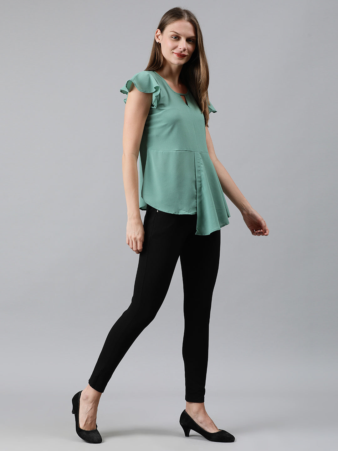 Mimosa Women Light Green Solid A-Line Layered Top