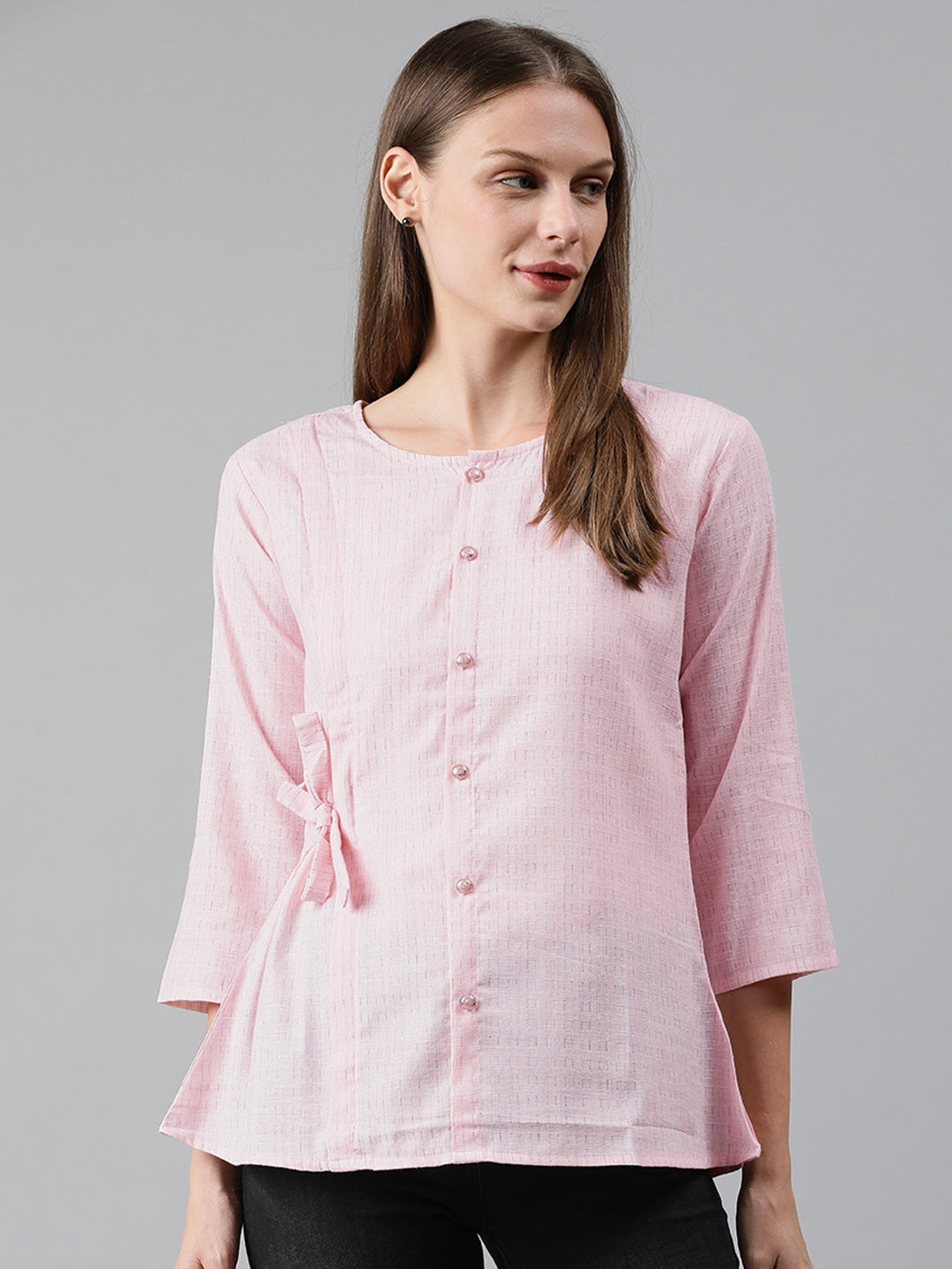 Mimosa Women Pink & Black Striped Top with Pleats & Tie-Ups