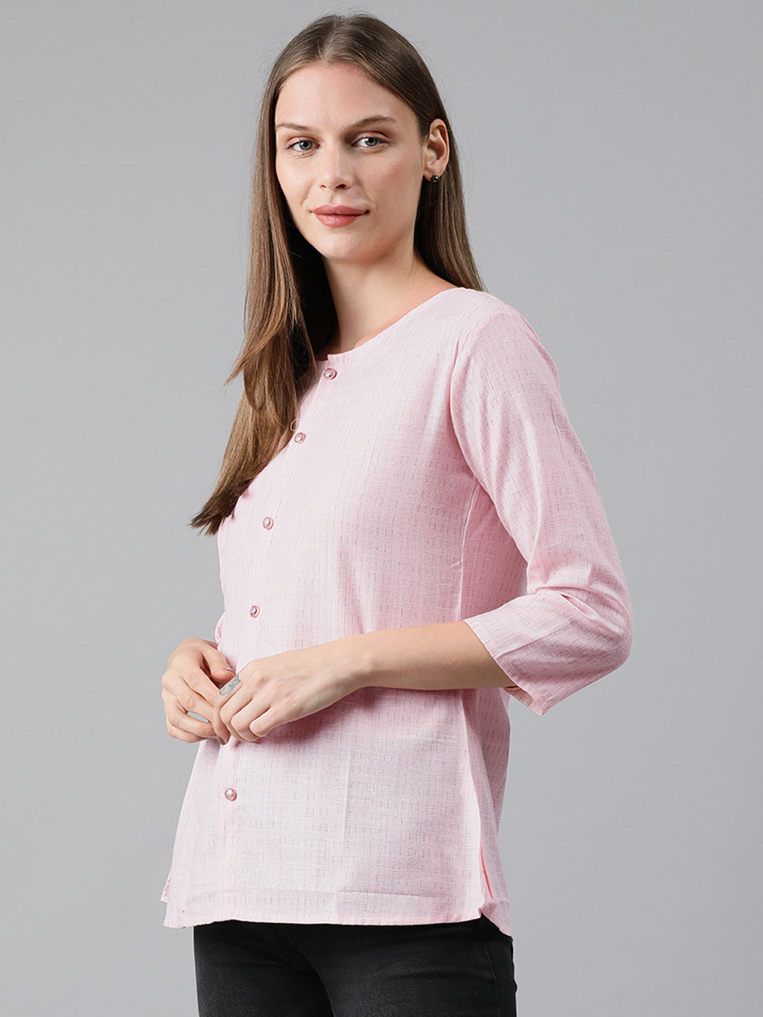 Mimosa Women Pink & Black Striped Top with Pleats & Tie-Ups