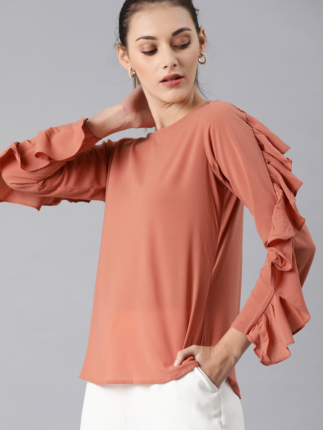 Mimosa women Coral Pink Solid Ruffled Sleeves Top