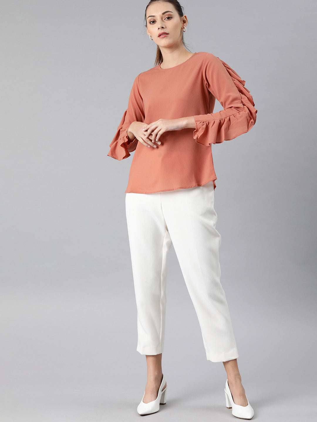 Mimosa women Coral Pink Solid Ruffled Sleeves Top