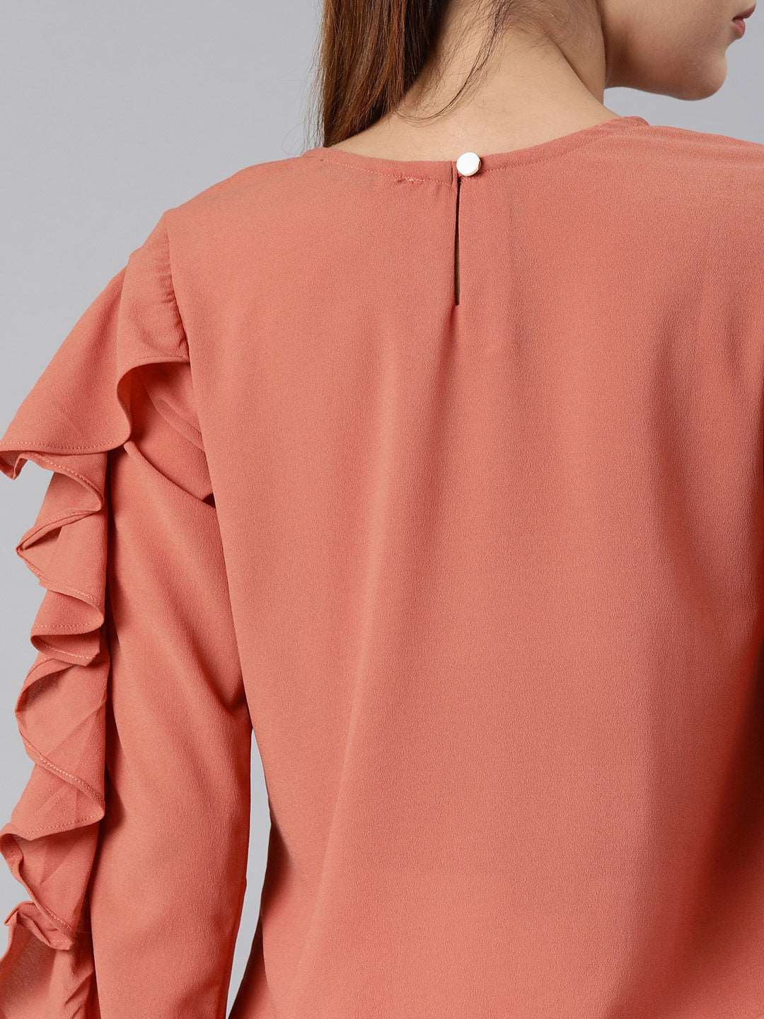 Mimosa women Coral Pink Solid Ruffled Sleeves Top