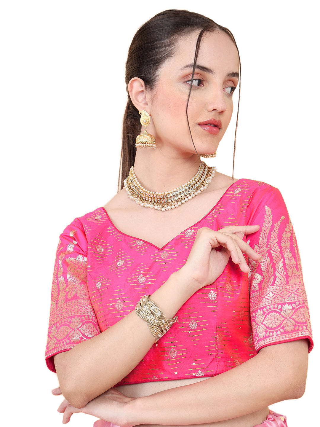 Mimosa Pink Woven Design Readymade Blouse