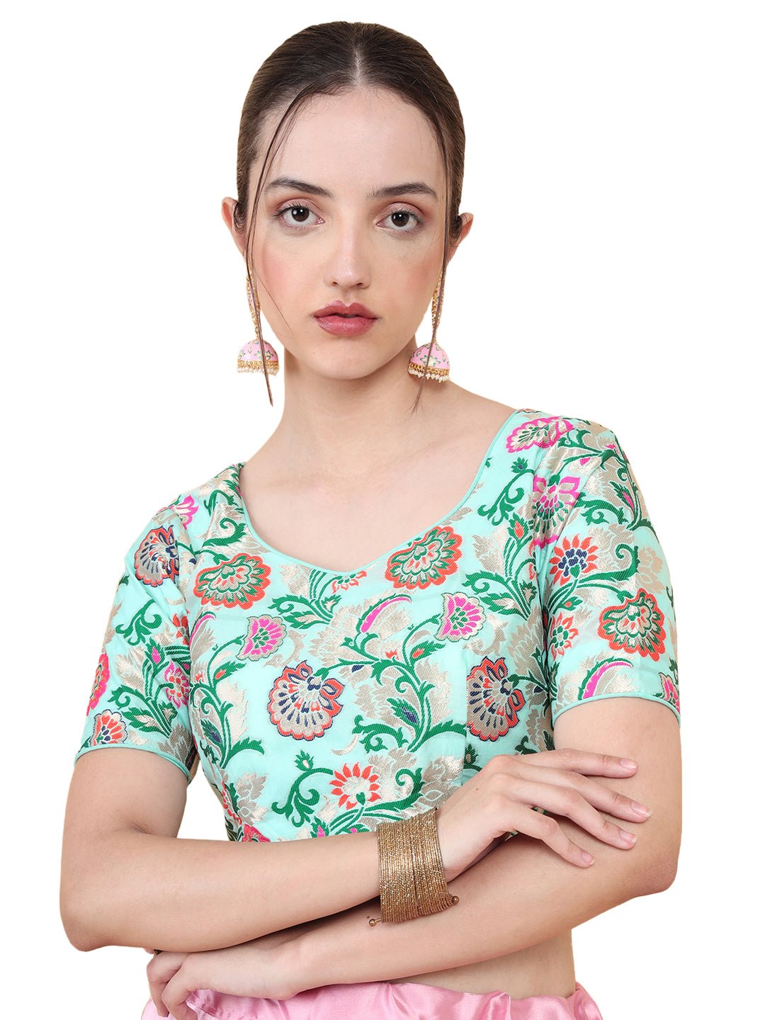 Mimosa Turquoise Blue Woven Design Readymade Blouse