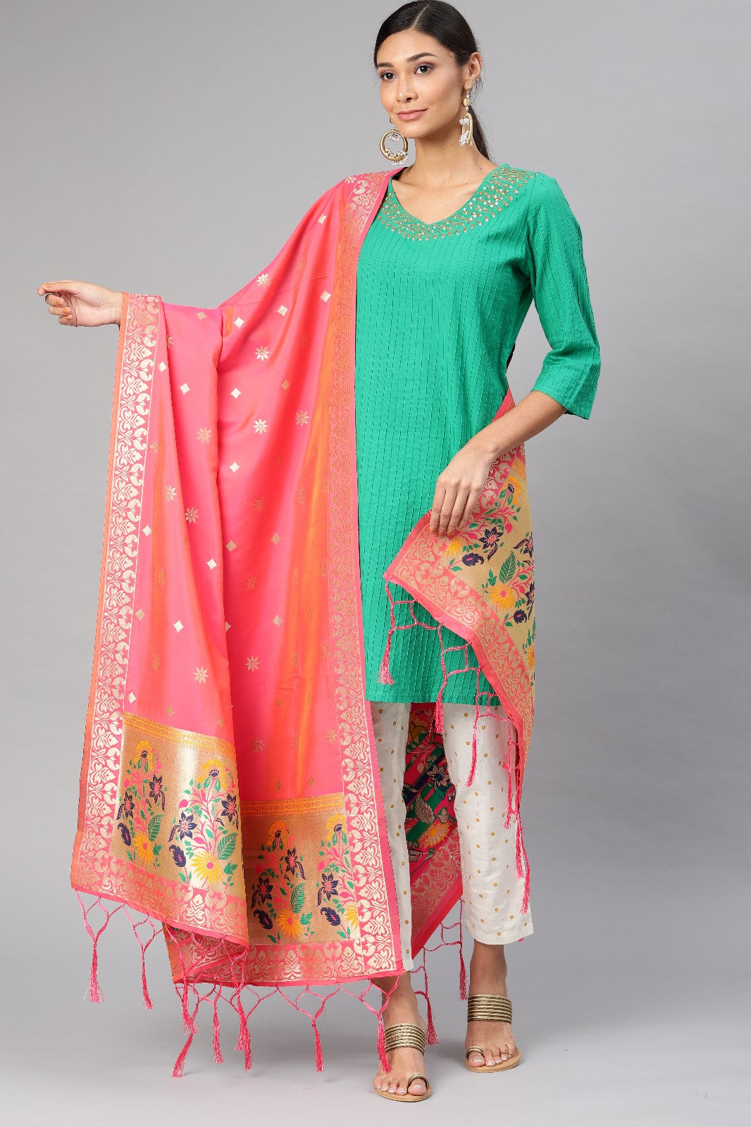 MIMOSA Coral Pink & Gold-Toned Woven Design Dupatta