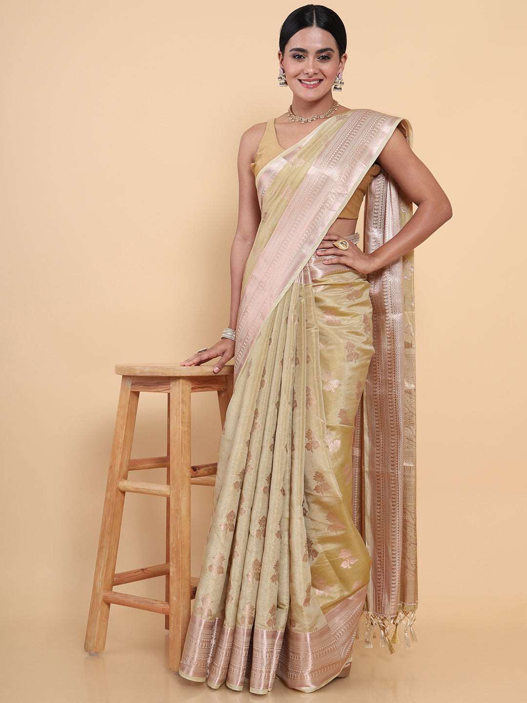 Mimosa Womens Art Silk Saree Kasavu Cream Color