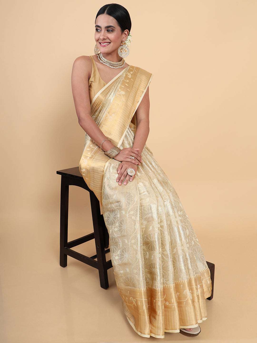 Mimosa Womens Art Silk Saree Kasavu Cream Color