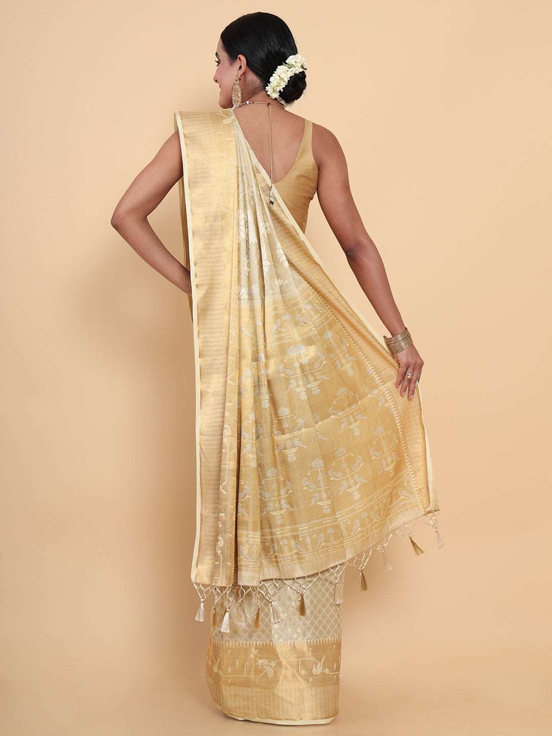 Mimosa Womens Art Silk Saree Kasavu Cream Color