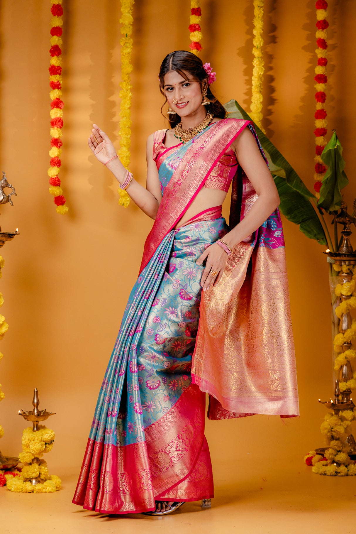 Mimosa Women's Woven Design Kanjivaram Style Art Silk Saree With Blouse Piece : SA00001827ANFREE