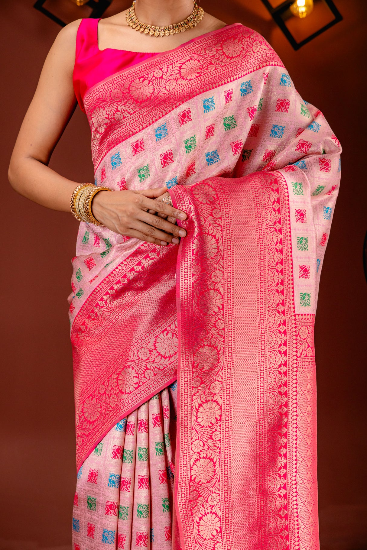 Mimosa Women's Woven Design Kanjivaram Style Art Silk Saree With Blouse Piece : SA00001655PNKFREE