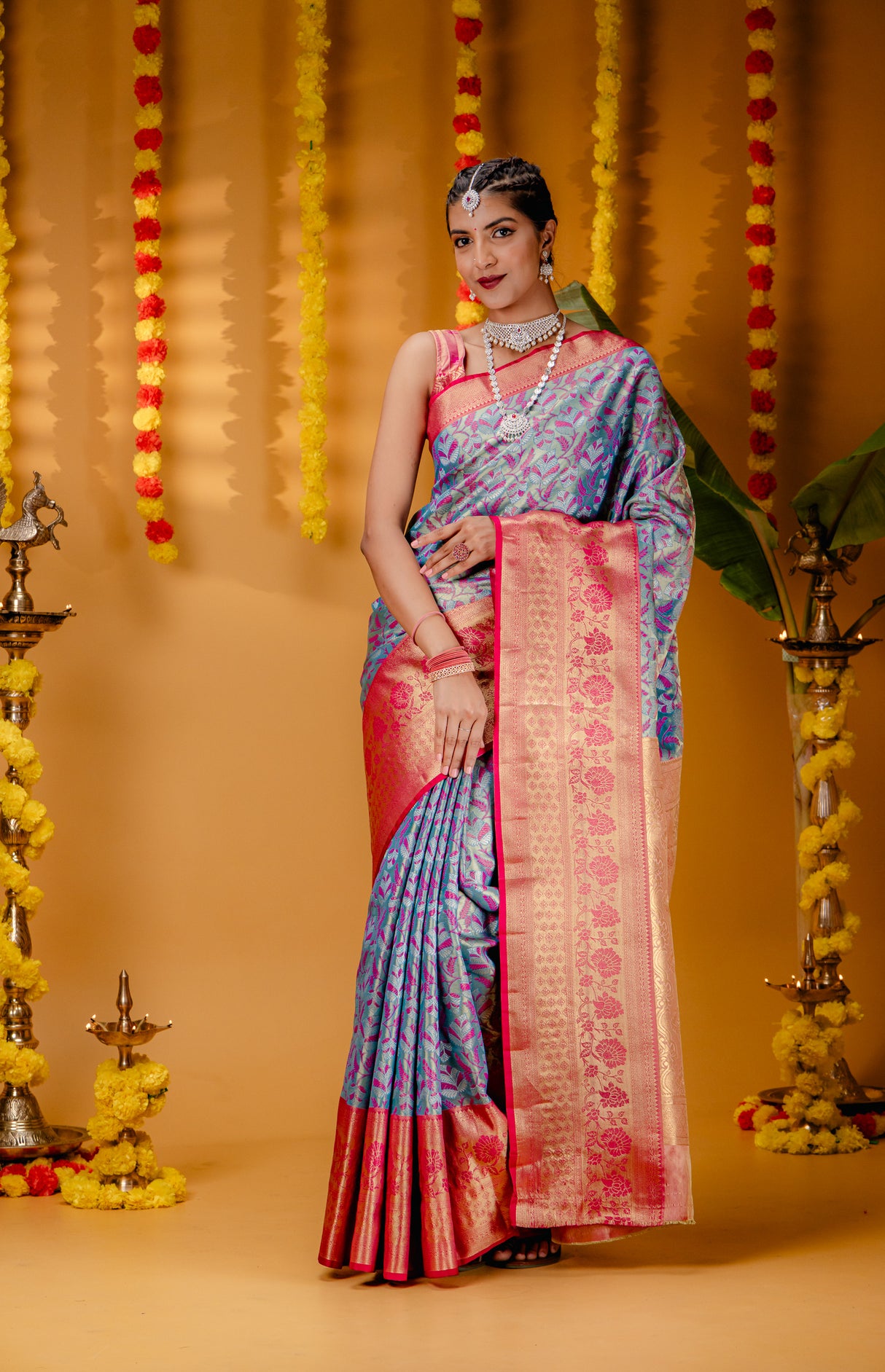 Mimosa Women's Woven Design Kanjivaram Style Art Silk Saree With Blouse Piece : SA00001810ANFREE