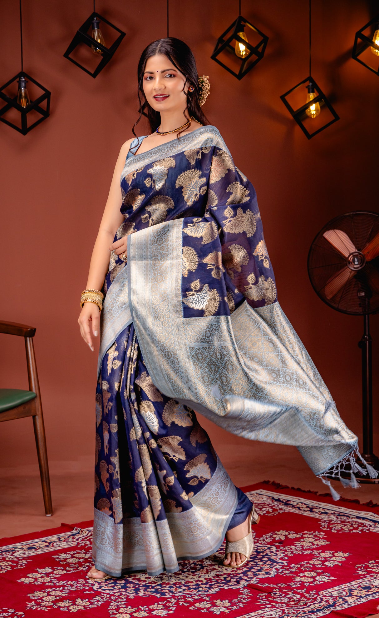 Mimosa Women's Woven Design Kanjivaram Style Art Silk Saree With Blouse Piece : SA00001735NVFREE