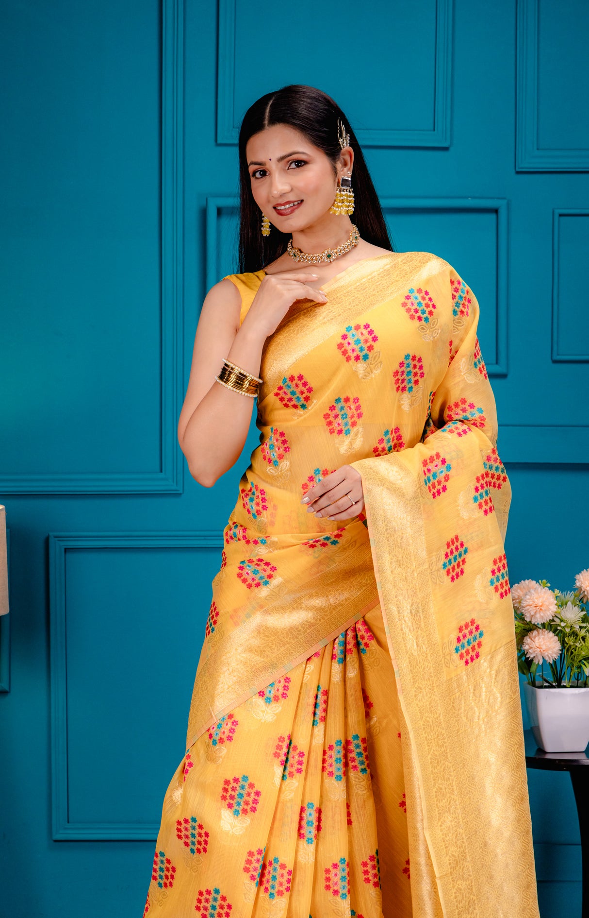 Mimosa Women's Woven Design Banarasi Style Art Silk Saree With Blouse Piece : SA00001595GDFREE