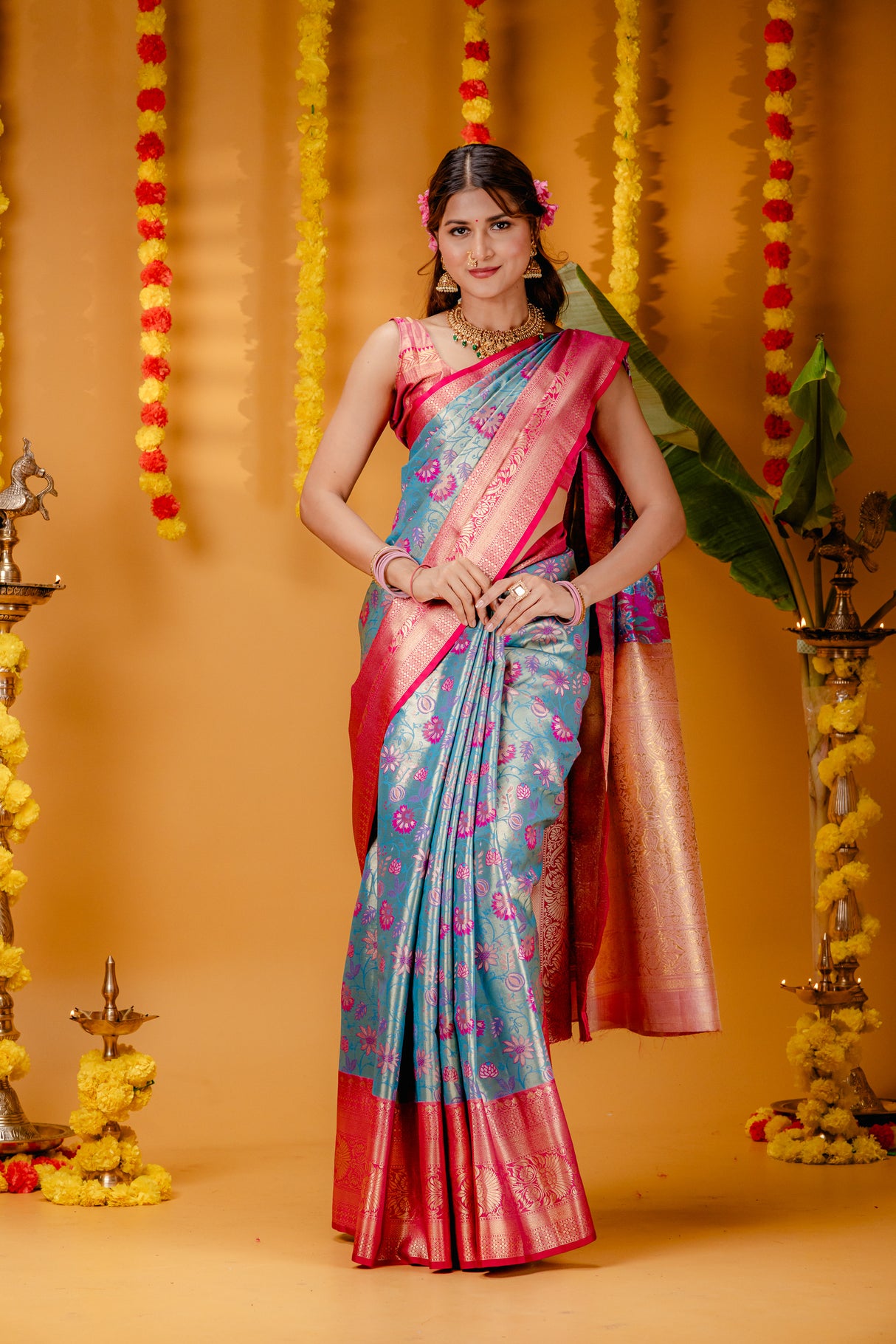 Mimosa Women's Woven Design Kanjivaram Style Art Silk Saree With Blouse Piece : SA00001827ANFREE