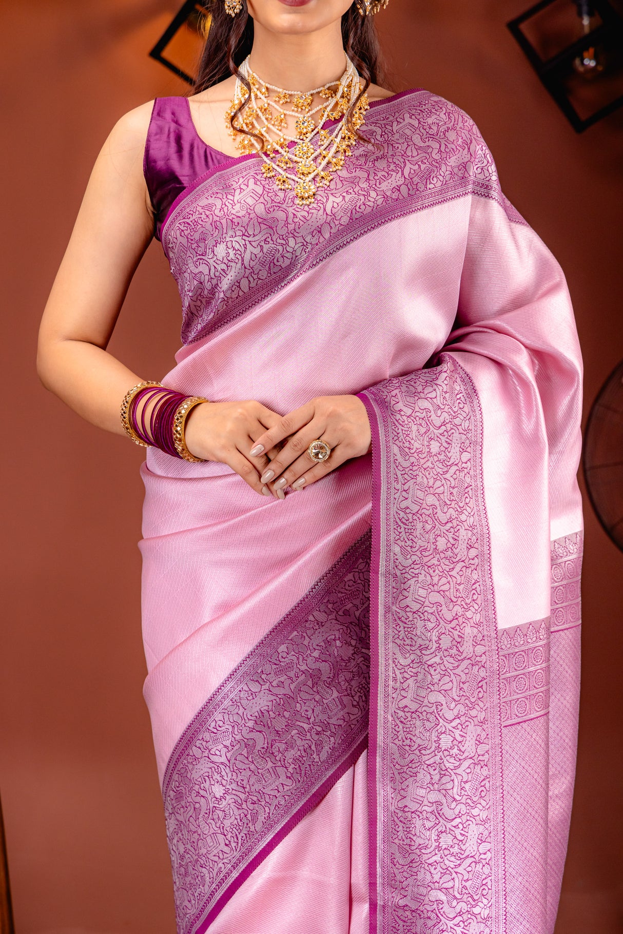 Mimosa Women's Woven Design Kanjivaram Style Art Silk Saree With Blouse Piece : SA00001761PNKFREE