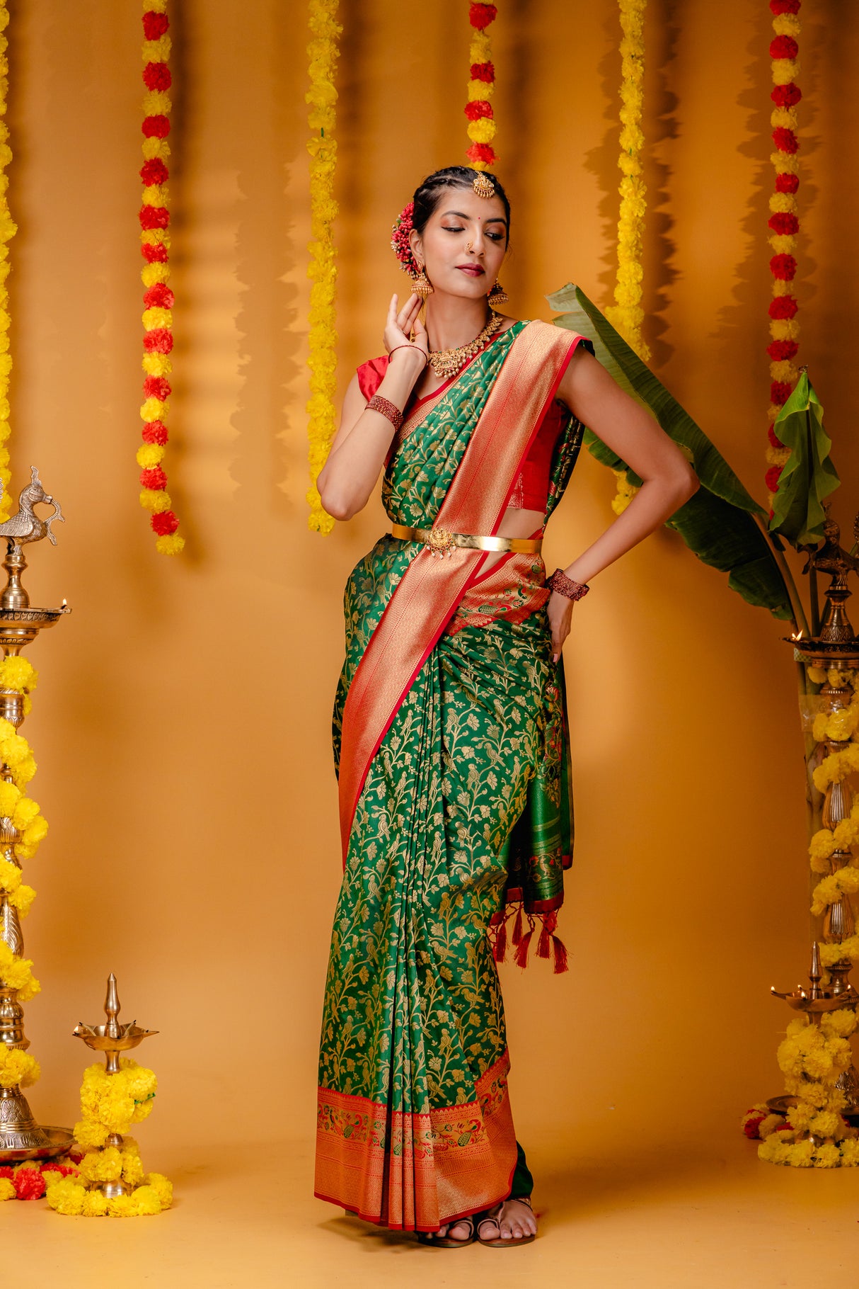 Mimosa Women's Woven Design Paithani Style Art Silk Saree With Blouse Piece : SA00001654GRNFREE