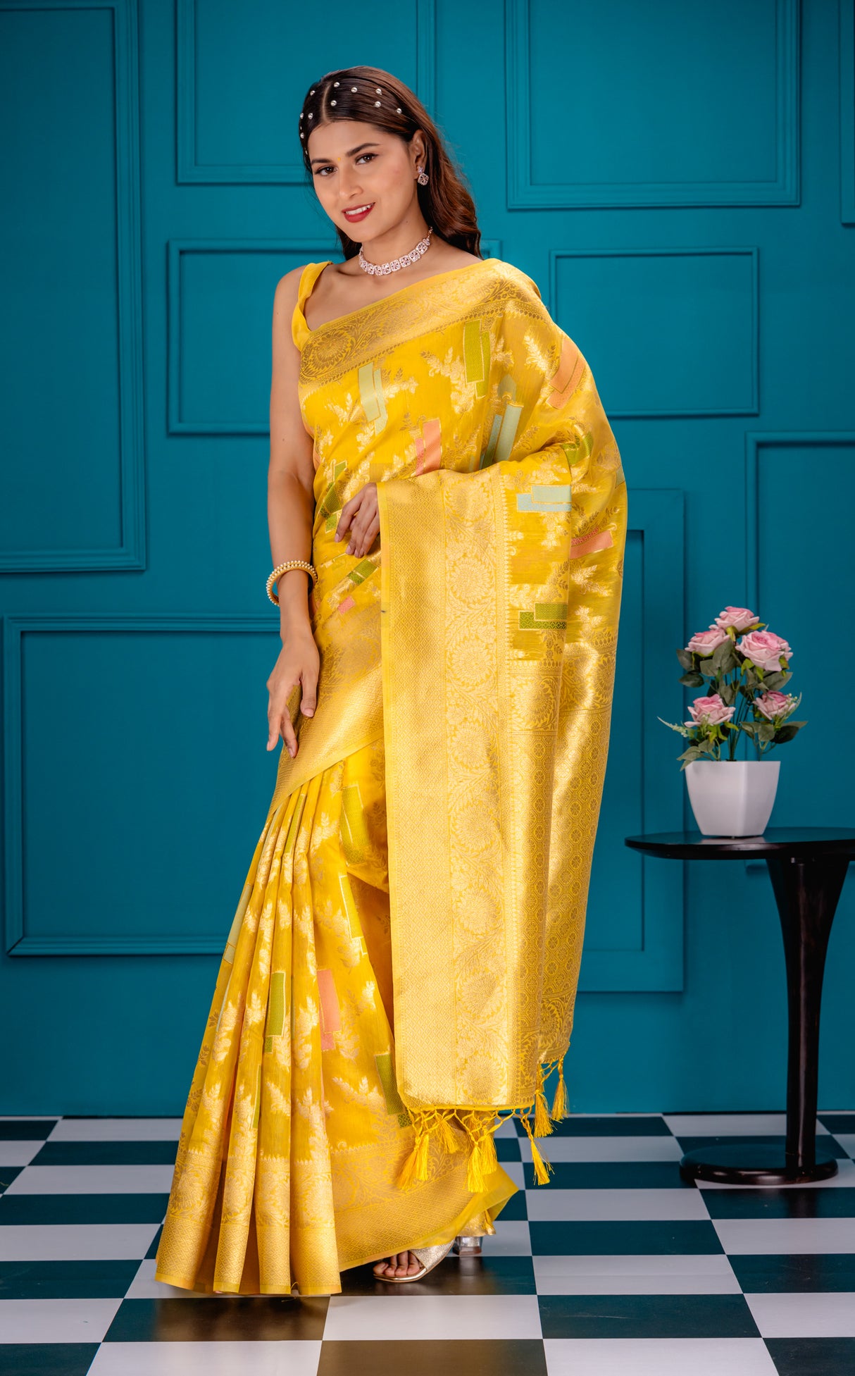 Mimosa Women's Woven Design Banarasi Style Art Silk Saree With Blouse Piece : SA00001768GDFREE