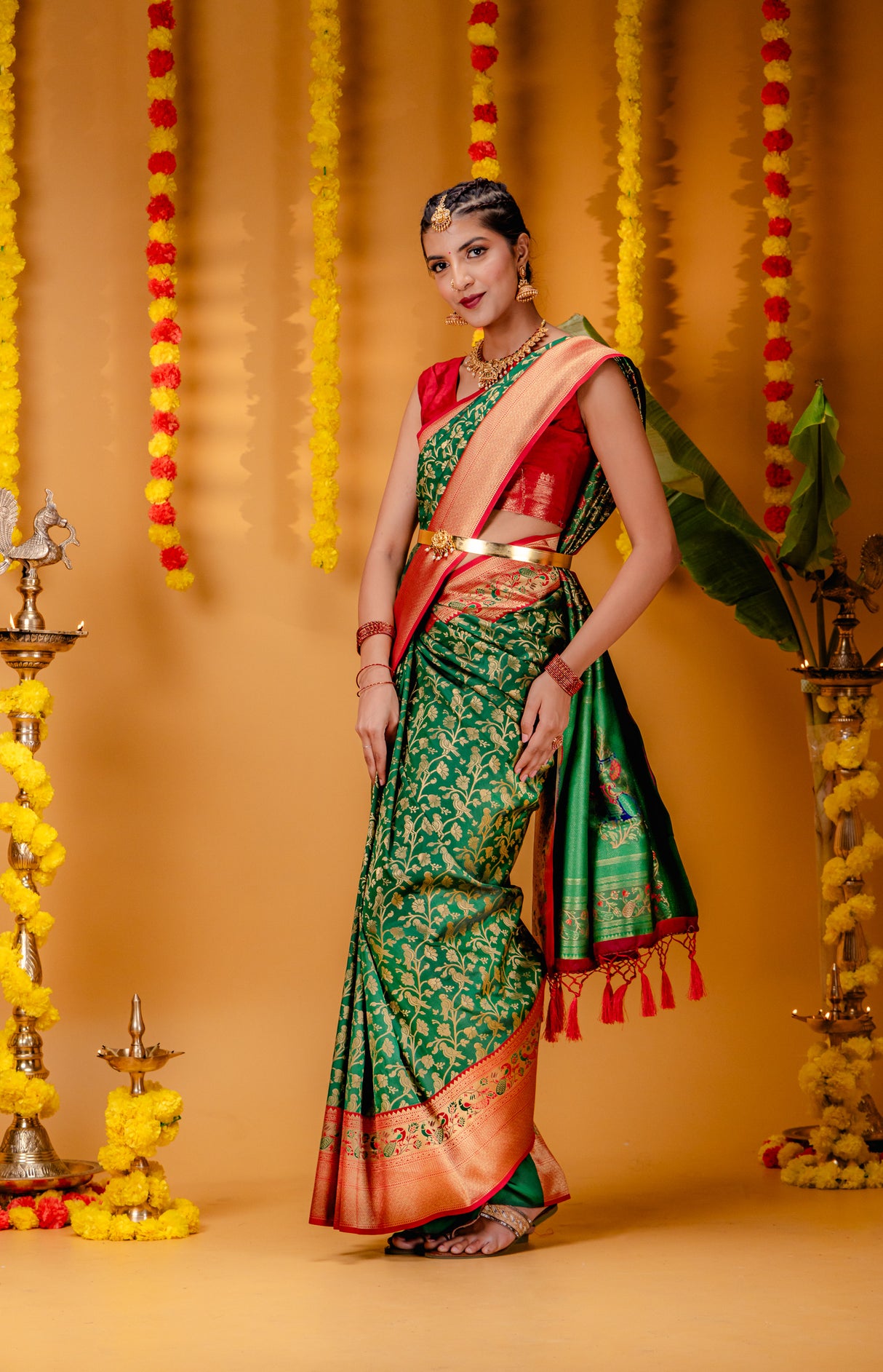 Mimosa Women's Woven Design Paithani Style Art Silk Saree With Blouse Piece : SA00001654GRNFREE