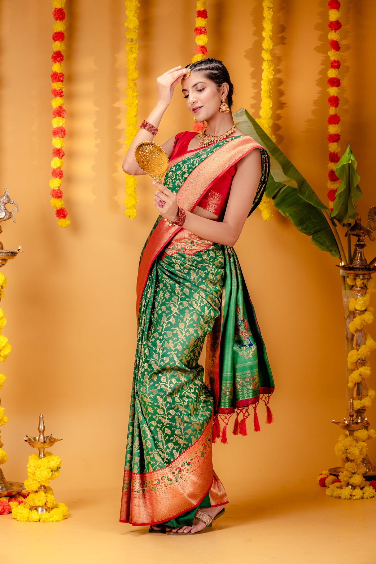 Mimosa Women's Woven Design Paithani Style Art Silk Saree With Blouse Piece : SA00001654GRNFREE