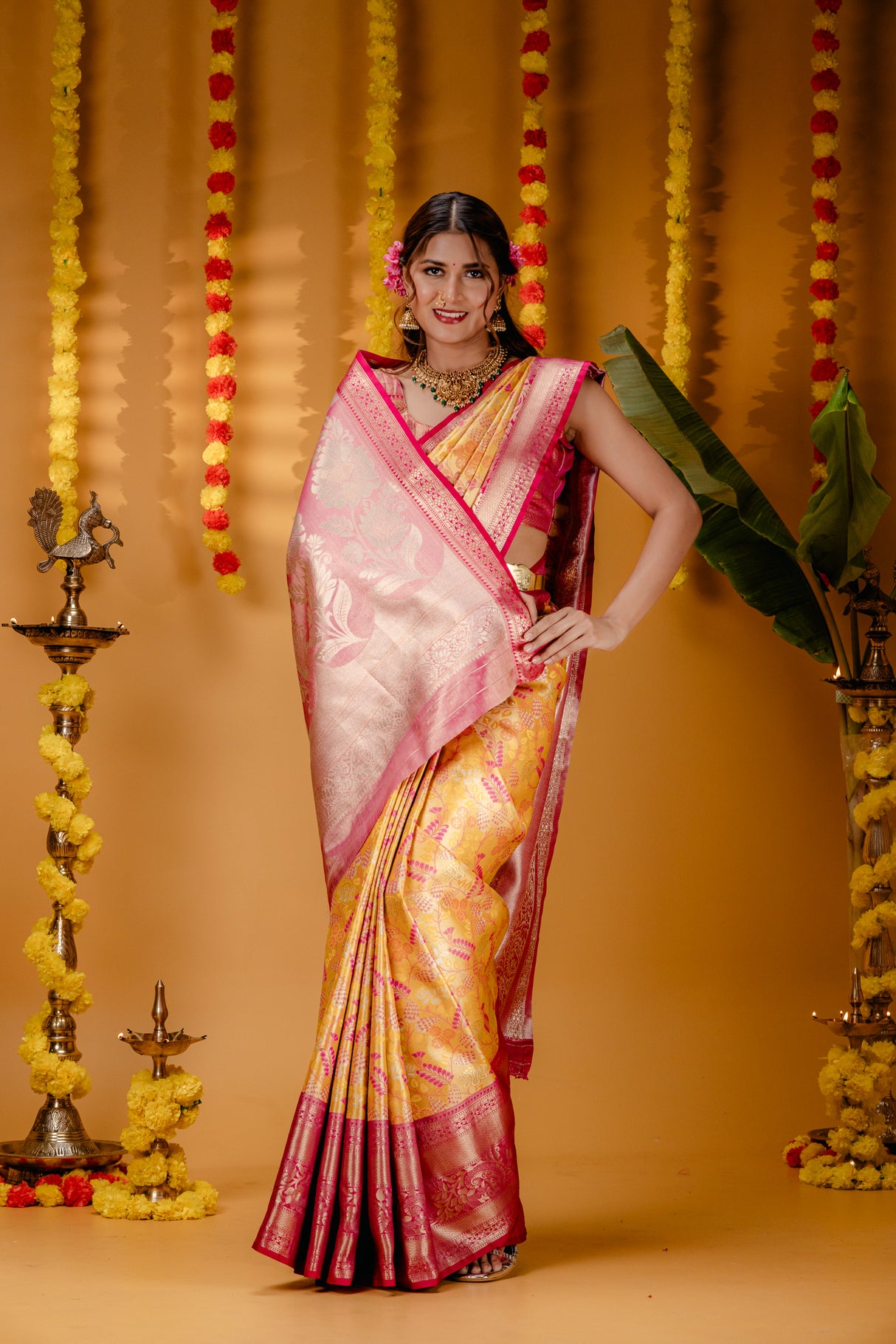 Mimosa Women's Woven Design Kanjivaram Style Art Silk Saree With Blouse Piece : SA00001812GDFREE