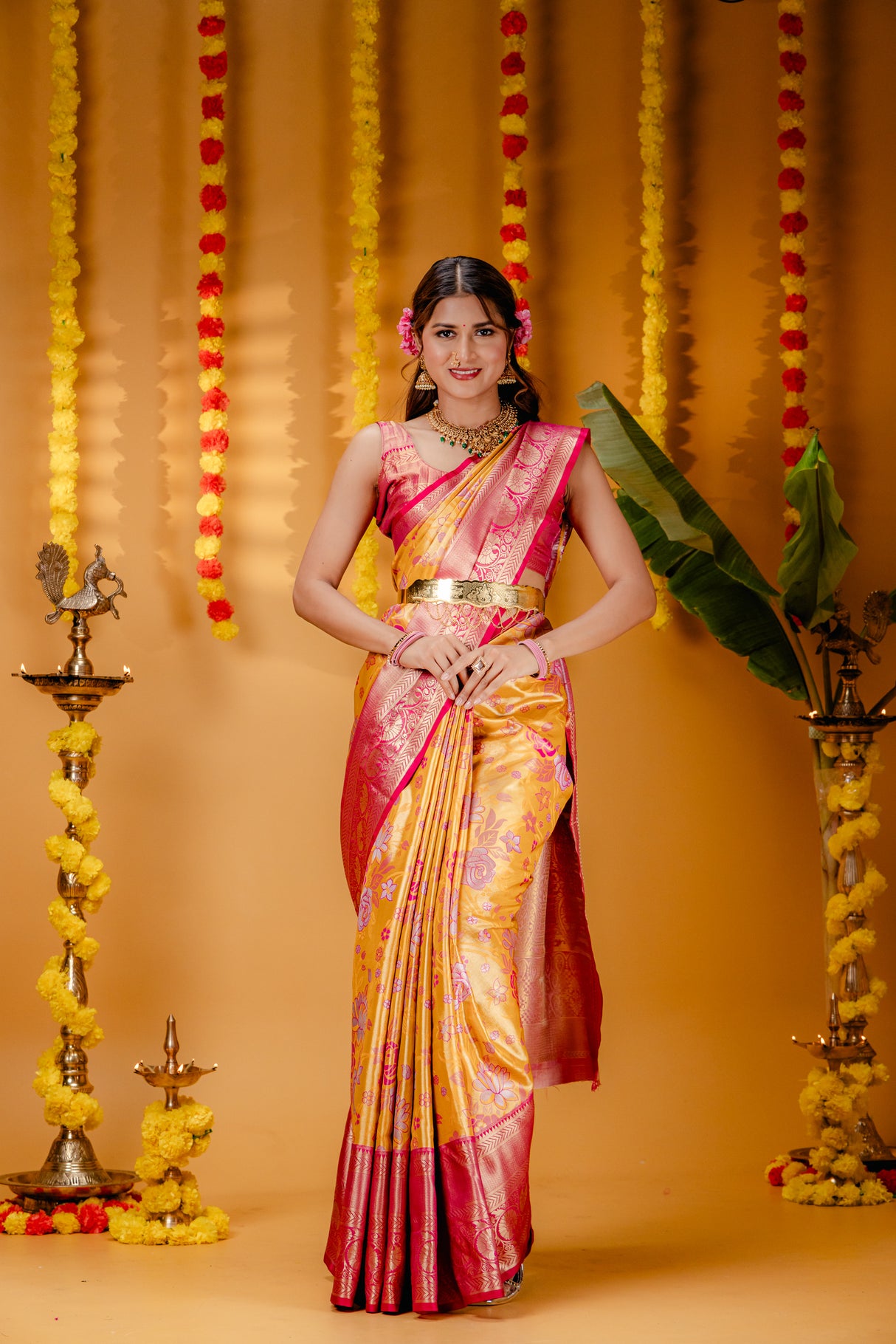 Mimosa Women's Woven Design Kanjivaram Style Art Silk Saree With Blouse Piece : SA00001820GDFREE