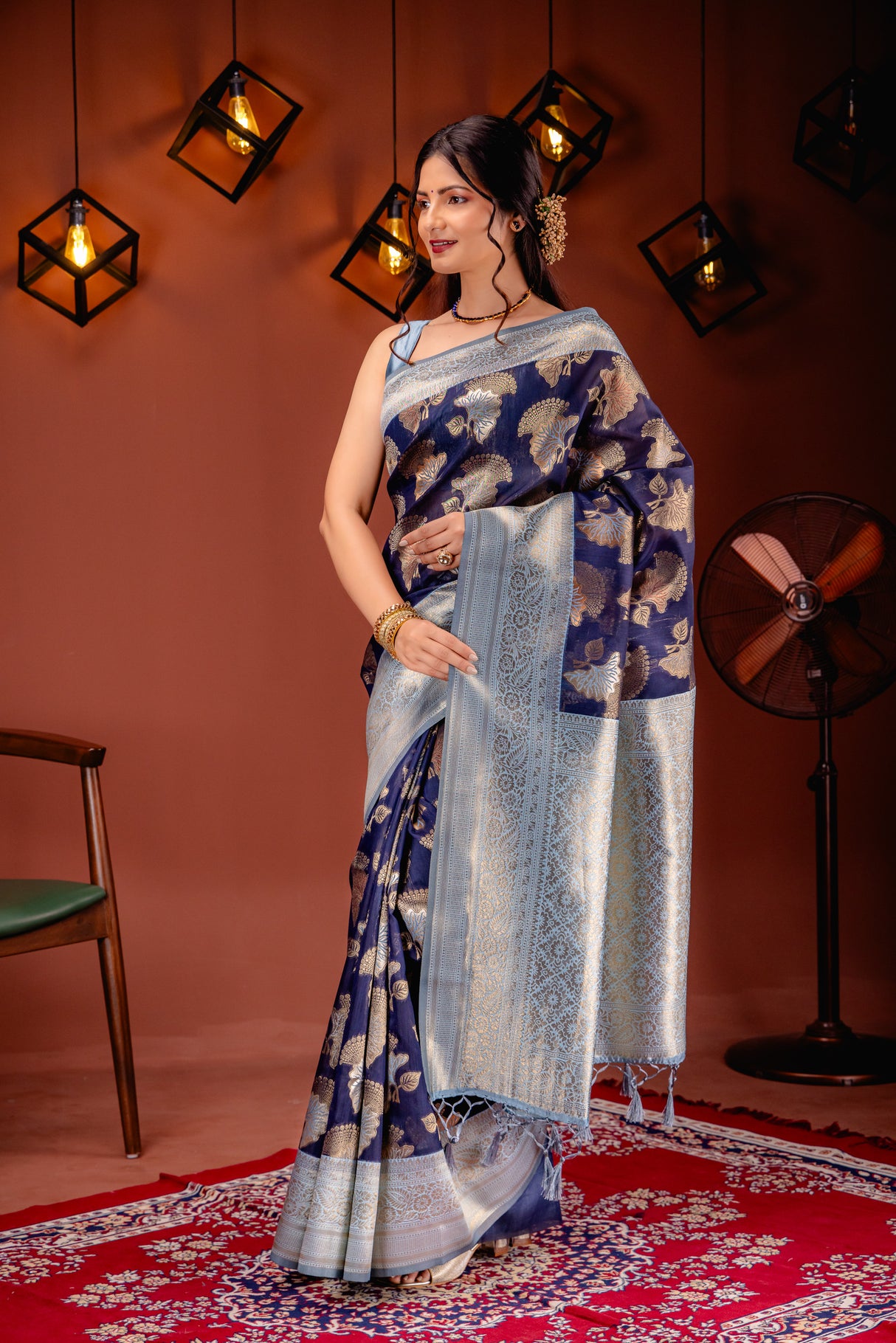 Mimosa Women's Woven Design Kanjivaram Style Art Silk Saree With Blouse Piece : SA00001735NVFREE